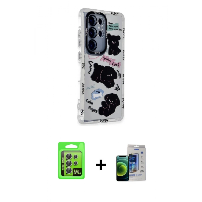 MARSİLYAN™- Galaxy S23 Ultra Kılıf Ahenk Modern Serisi - Siyah Durable Full Glue Curved Cam + Raze Metal Kamera Lens - GS