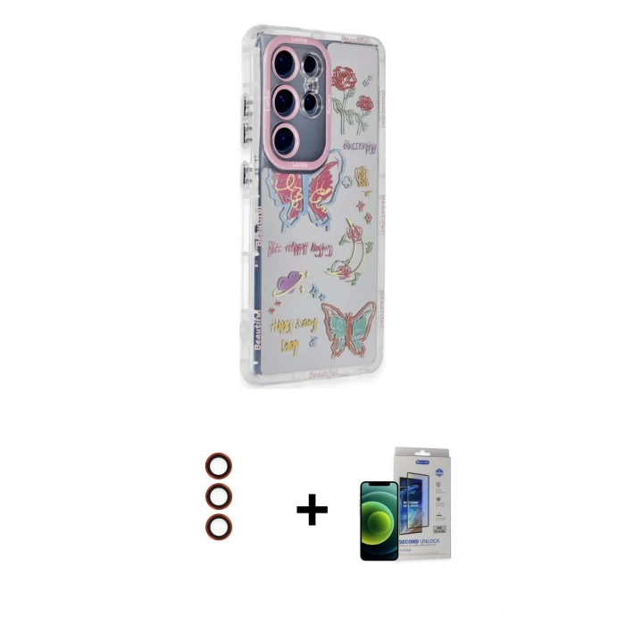 MARSİLYAN™- Galaxy S23 Ultra Kılıf Ahenk Modern Serisi - Siyah Durable Full Glue Curved Cam + Metal Kamera Lens - KI
