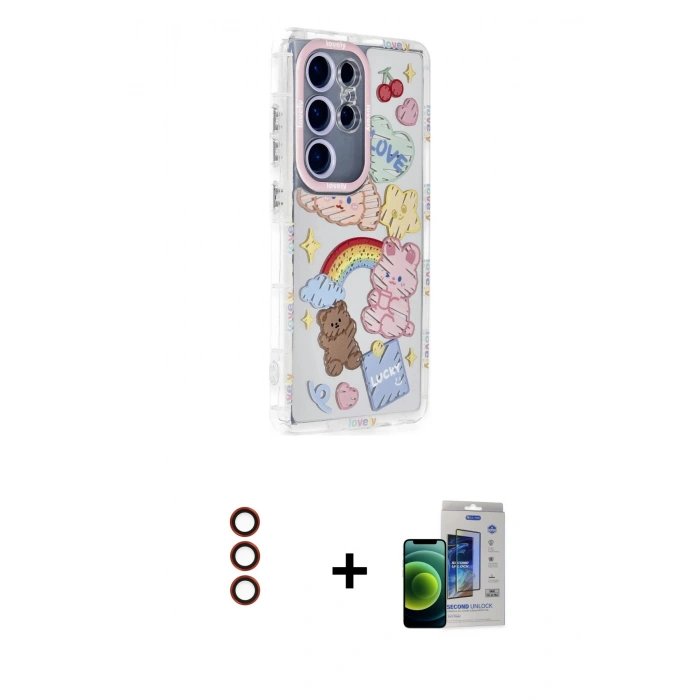 MARSİLYAN™- Galaxy S23 Ultra Kılıf Ahenk Modern Serisi - Siyah Durable Full Glue Curved Cam + Metal Kamera Lens - KI