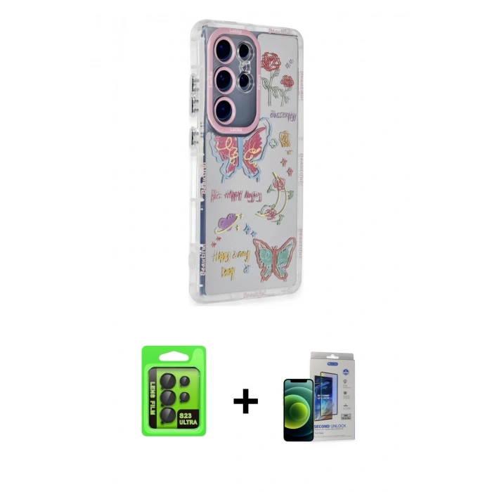 MARSİLYAN™- Galaxy S23 Ultra Kılıf Ahenk Modern Serisi - Siyah Durable Full Glue Curved Cam + Raze Metal Kamera Lens - SH