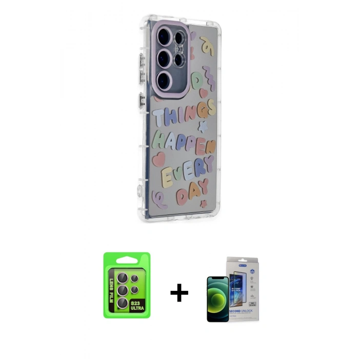 MARSİLYAN™- Galaxy S23 Ultra Kılıf Ahenk Modern Serisi - Siyah Durable Full Glue Curved Cam + Raze Metal Kamera Lens - LA