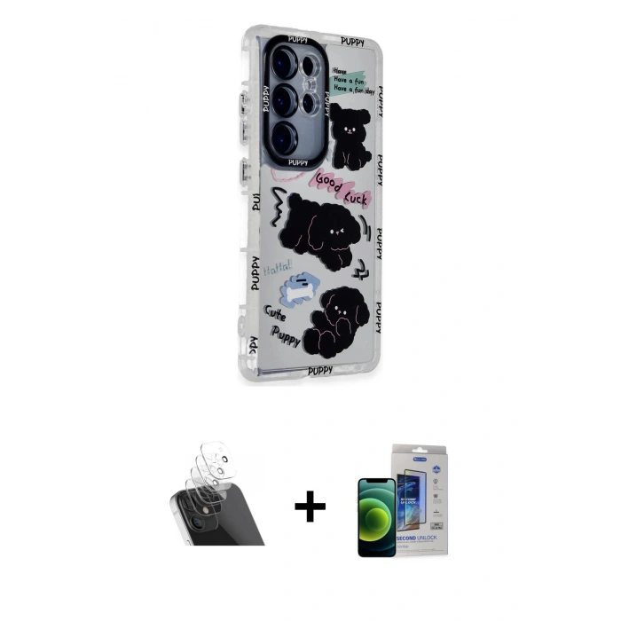 MARSİLYAN™- Galaxy S23 Ultra Kılıf Ahenk Modern Serisi - Siyah Durable Full Glue Curved Cam + Kamera Lens Koruma Cam - SF