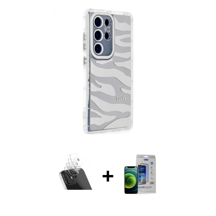 MARSİLYAN™- Galaxy S23 Ultra Kılıf Ahenk Modern Serisi - Siyah Durable Full Glue Curved Cam + Kamera Lens Koruma Cam - SF