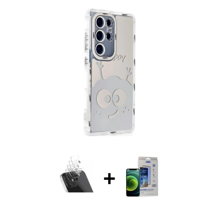 MARSİLYAN™- Galaxy S23 Ultra Kılıf Ahenk Modern Serisi - Siyah Durable Full Glue Curved Cam + Kamera Lens Koruma Cam - SF