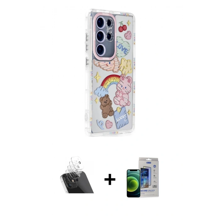 MARSİLYAN™- Galaxy S23 Ultra Kılıf Ahenk Modern Serisi - Siyah Durable Full Glue Curved Cam + Kamera Lens Koruma Cam - SF