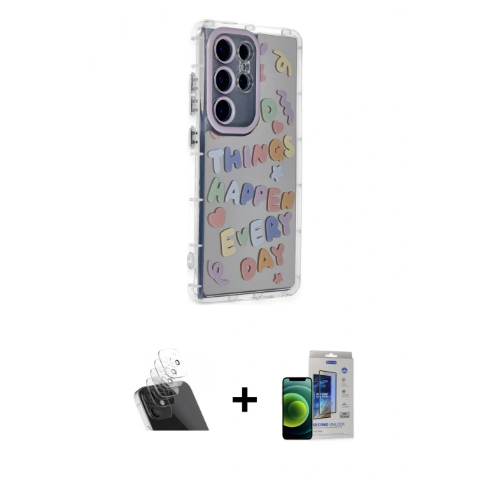 MARSİLYAN™- Galaxy S23 Ultra Kılıf Ahenk Modern Serisi - Siyah Durable Full Glue Curved Cam + Kamera Lens Koruma Cam - SF