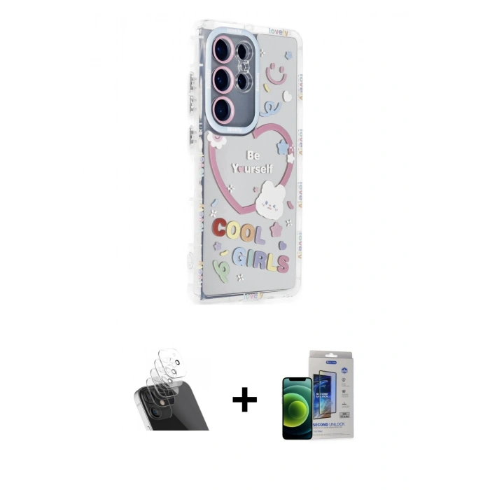 MARSİLYAN™- Galaxy S23 Ultra Kılıf Ahenk Modern Serisi - Siyah Durable Full Glue Curved Cam + Kamera Lens Koruma Cam - SF