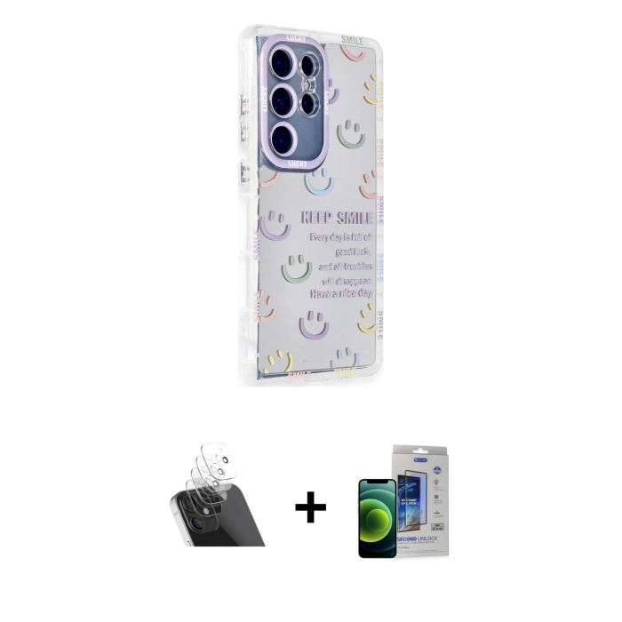 MARSİLYAN™- Galaxy S23 Ultra Kılıf Ahenk Modern Serisi - Siyah Durable Full Glue Curved Cam + Kamera Lens Koruma Cam - SF