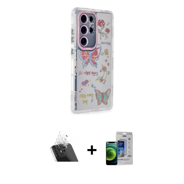 MARSİLYAN™- Galaxy S23 Ultra Kılıf Ahenk Modern Serisi - Siyah Durable Full Glue Curved Cam + Kamera Lens Koruma Cam - SF