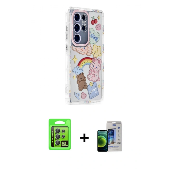 MARSİLYAN™- Galaxy S23 Ultra Kılıf Ahenk Modern Serisi - Siyah Durable Full Glue Curved Cam + Raze Metal Kamera Lens - YL