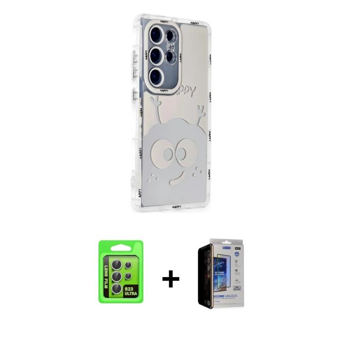 MARSİLYAN™- Galaxy S23 Ultra Kılıf Ahenk Modern Serisi - Siyah Durable Full Glue Curved Hayalet Cam + Gümüş Raze Metal Kamera Lens