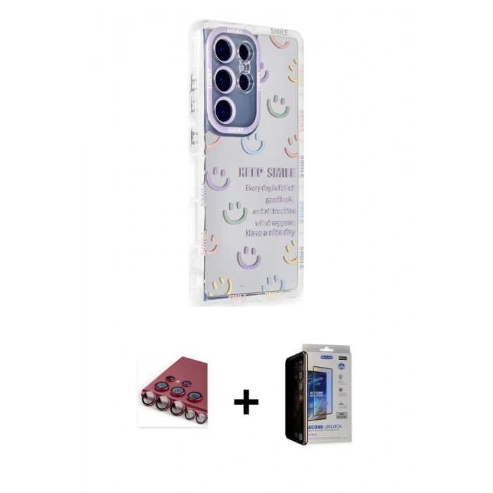 MARSİLYAN™- Galaxy S23 Ultra Kılıf Ahenk Modern Serisi - Siyah Durable Full Glue Curved Hayalet Cam + Valdez Metal Kamera Lens - KI
