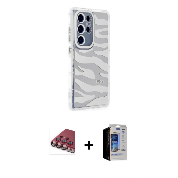 MARSİLYAN™- Galaxy S23 Ultra Kılıf Ahenk Modern Serisi - Siyah Durable Full Glue Curved Hayalet Cam + Valdez Metal Kamera Lens - KI