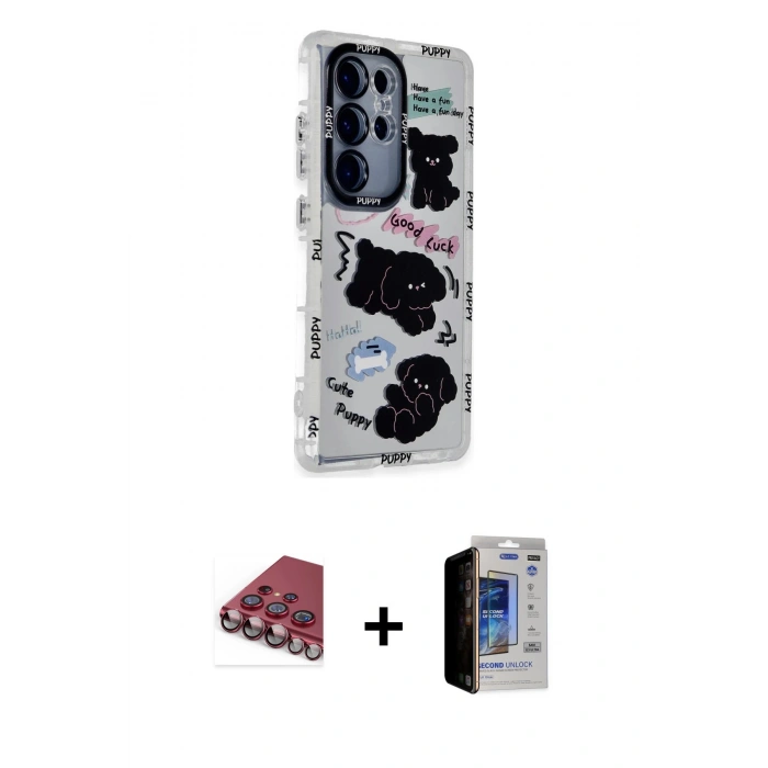 MARSİLYAN™- Galaxy S23 Ultra Kılıf Ahenk Modern Serisi - Siyah Durable Full Glue Curved Hayalet Cam + Valdez Metal Kamera Lens - KI