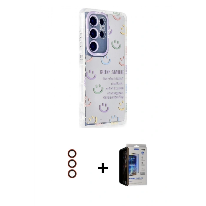 MARSİLYAN™- Galaxy S23 Ultra Kılıf Ahenk Modern Serisi - Siyah Durable Full Glue Curved Hayalet Cam + Metal Kamera Lens - KI