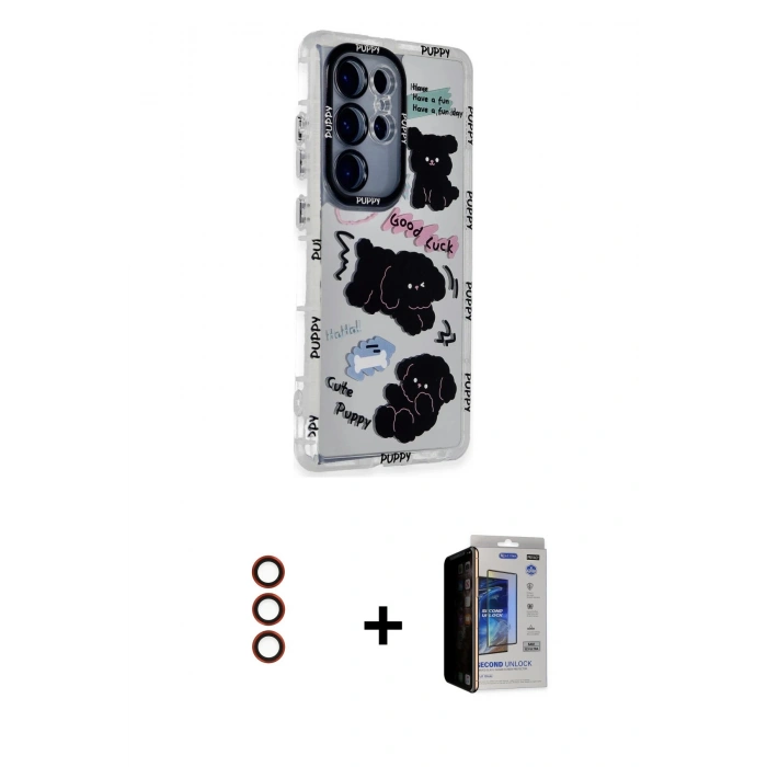 MARSİLYAN™- Galaxy S23 Ultra Kılıf Ahenk Modern Serisi - Siyah Durable Full Glue Curved Hayalet Cam + Metal Kamera Lens - KI