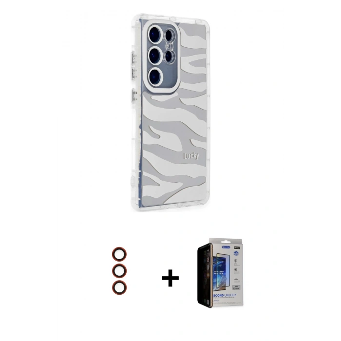 MARSİLYAN™- Galaxy S23 Ultra Kılıf Ahenk Modern Serisi - Siyah Durable Full Glue Curved Hayalet Cam + Metal Kamera Lens - KI