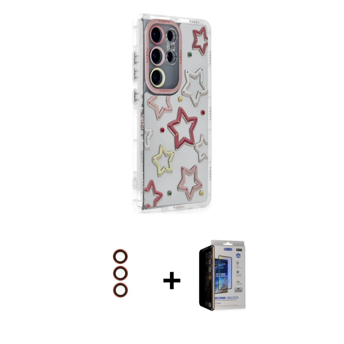 MARSİLYAN™- Galaxy S23 Ultra Kılıf Ahenk Modern Serisi - Siyah Durable Full Glue Curved Hayalet Cam + Metal Kamera Lens - KI