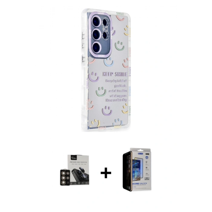 MARSİLYAN™- Galaxy S23 Ultra Kılıf Ahenk Modern Serisi - Siyah Durable Full Glue Curved Hayalet Cam + PVD Metal Kamera Lens - GD