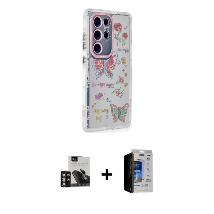 MARSİLYAN™- Galaxy S23 Ultra Kılıf Ahenk Modern Serisi - Siyah Durable Full Glue Curved Hayalet Cam + PVD Metal Kamera Lens - GD