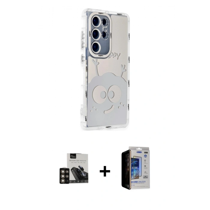 MARSİLYAN™- Galaxy S23 Ultra Kılıf Ahenk Modern Serisi - Siyah Durable Full Glue Curved Hayalet Cam + PVD Metal Kamera Lens - GD