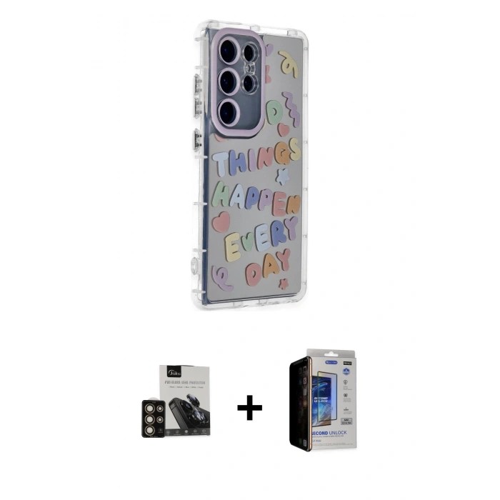 MARSİLYAN™- Galaxy S23 Ultra Kılıf Ahenk Modern Serisi - Siyah Durable Full Glue Curved Hayalet Cam + PVD Metal Kamera Lens - GD