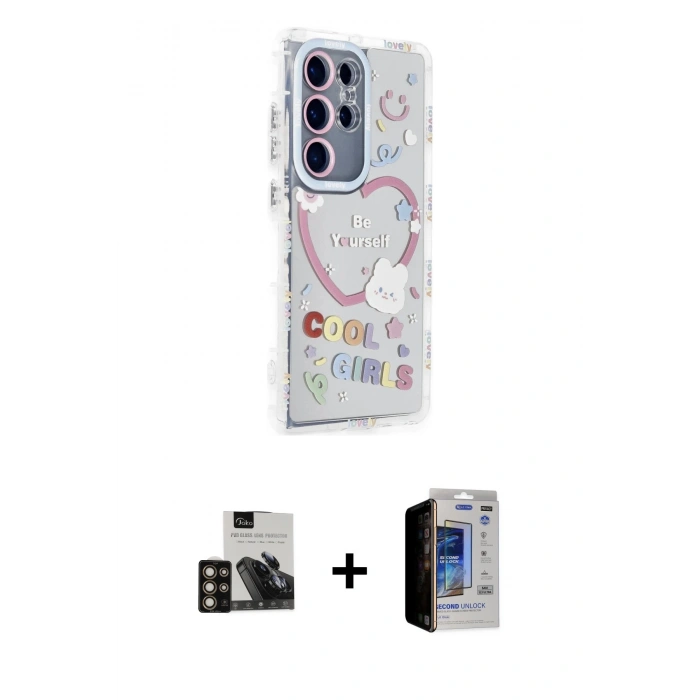 MARSİLYAN™- Galaxy S23 Ultra Kılıf Ahenk Modern Serisi - Siyah Durable Full Glue Curved Hayalet Cam + PVD Metal Kamera Lens - GD