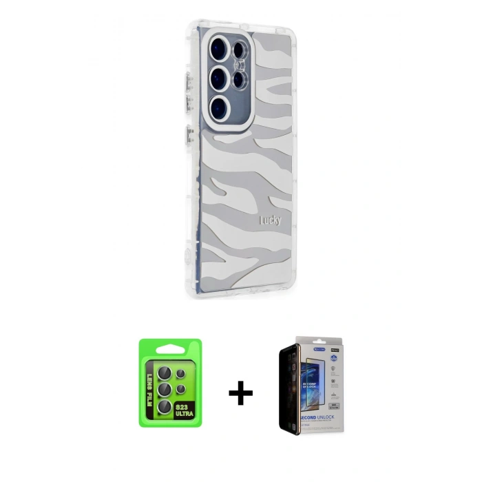 MARSİLYAN™- Galaxy S23 Ultra Kılıf Ahenk Modern Serisi - Siyah Durable Full Glue Curved Hayalet Cam + Raze Metal Kamera Lens - YL