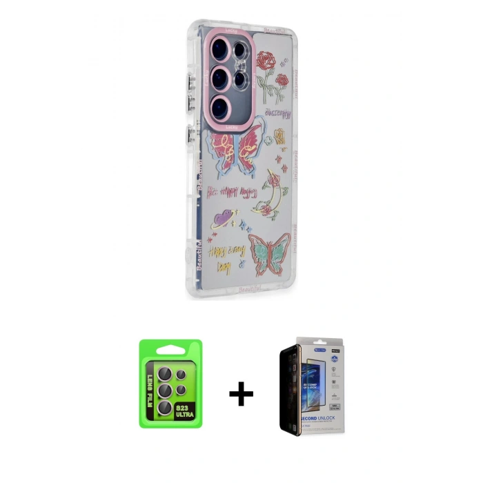 MARSİLYAN™- Galaxy S23 Ultra Kılıf Ahenk Modern Serisi - Siyah Durable Full Glue Curved Hayalet Cam + Raze Metal Kamera Lens - LA