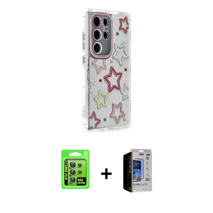 MARSİLYAN™- Galaxy S23 Ultra Kılıf Ahenk Modern Serisi - Siyah Durable Full Glue Curved Hayalet Cam + Raze Metal Kamera Lens - YL