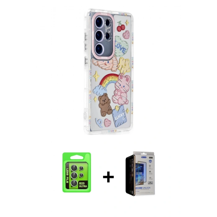 MARSİLYAN™- Galaxy S23 Ultra Kılıf Ahenk Modern Serisi - Siyah Durable Full Glue Curved Hayalet Cam + Raze Metal Kamera Lens - YL