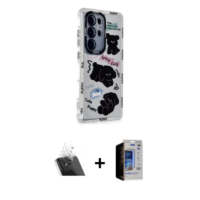 MARSİLYAN™- Galaxy S23 Ultra Kılıf Ahenk Modern Serisi - Siyah Durable Full Glue Curved Hayalet Cam + Şeffaf Kamera Lens Koruma Cam