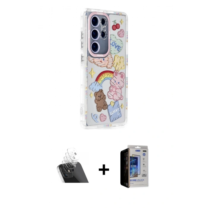 MARSİLYAN™- Galaxy S23 Ultra Kılıf Ahenk Modern Serisi - Siyah Durable Full Glue Curved Hayalet Cam + Şeffaf Kamera Lens Koruma Cam