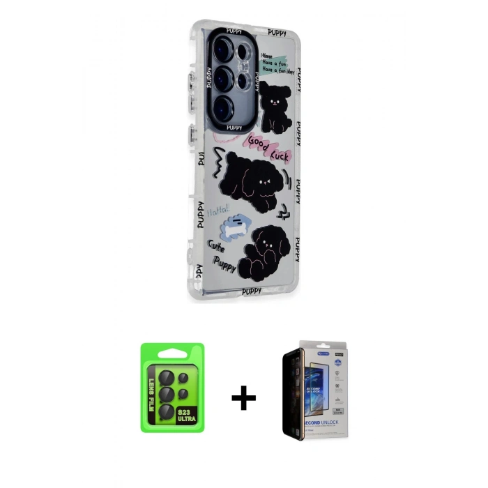 MARSİLYAN™- Galaxy S23 Ultra Kılıf Ahenk Modern Serisi - Siyah Durable Full Glue Curved Hayalet Cam + Raze Metal Kamera Lens - SH