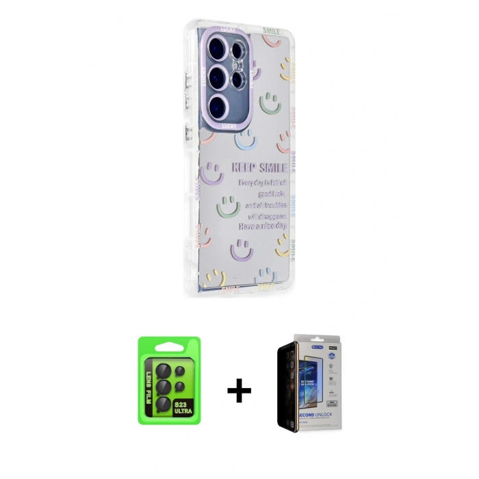 MARSİLYAN™- Galaxy S23 Ultra Kılıf Ahenk Modern Serisi - Siyah Durable Full Glue Curved Hayalet Cam + Raze Metal Kamera Lens - SH