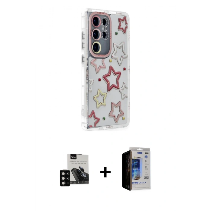 MARSİLYAN™- Galaxy S23 Ultra Kılıf Ahenk Modern Serisi - Siyah Durable Full Glue Curved Hayalet Cam + Siyah PVD Metal Kamera Lens