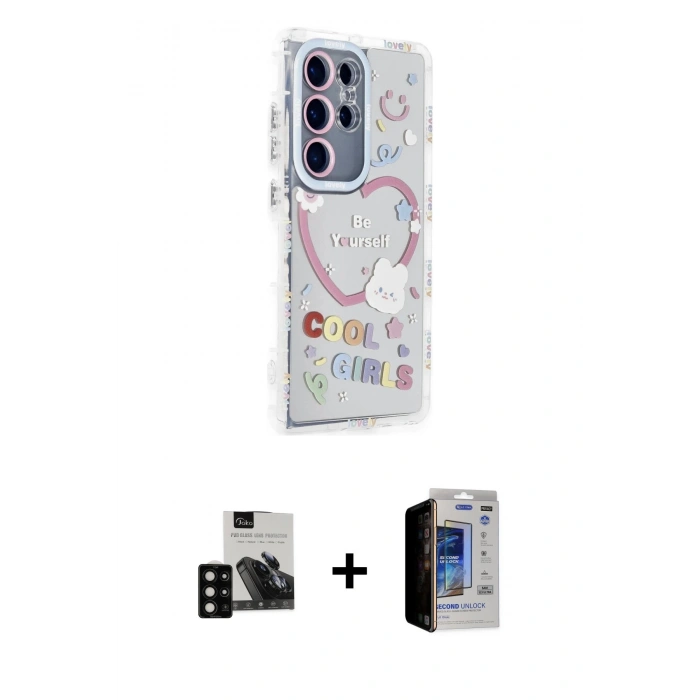 MARSİLYAN™- Galaxy S23 Ultra Kılıf Ahenk Modern Serisi - Siyah Durable Full Glue Curved Hayalet Cam + Siyah PVD Metal Kamera Lens
