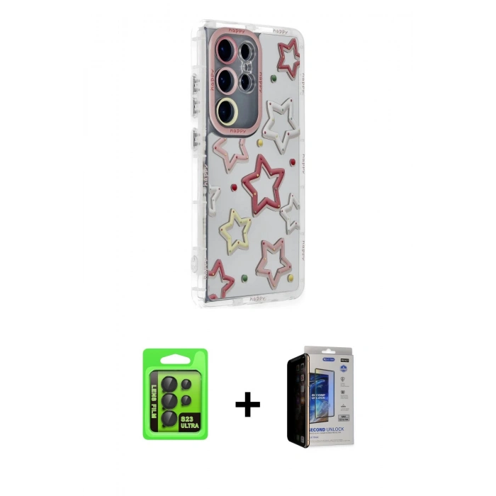 MARSİLYAN™- Galaxy S23 Ultra Kılıf Ahenk Modern Serisi - Siyah Durable Full Glue Curved Hayalet Cam + Raze Metal Kamera Lens - SH