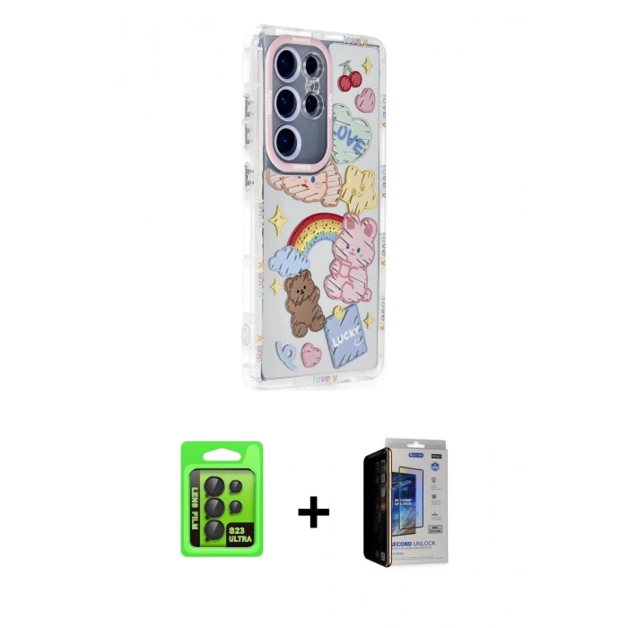 MARSİLYAN™- Galaxy S23 Ultra Kılıf Ahenk Modern Serisi - Siyah Durable Full Glue Curved Hayalet Cam + Raze Metal Kamera Lens - SH