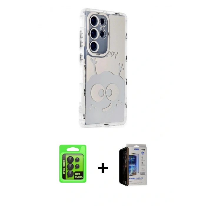 MARSİLYAN™- Galaxy S23 Ultra Kılıf Ahenk Modern Serisi - Siyah Durable Full Glue Curved Hayalet Cam + Raze Metal Kamera Lens - SH