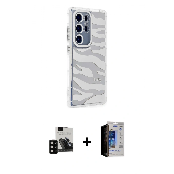 MARSİLYAN™- Galaxy S23 Ultra Kılıf Ahenk Modern Serisi - Siyah Durable Full Glue Curved Hayalet Cam + Siyah PVD Metal Kamera Lens