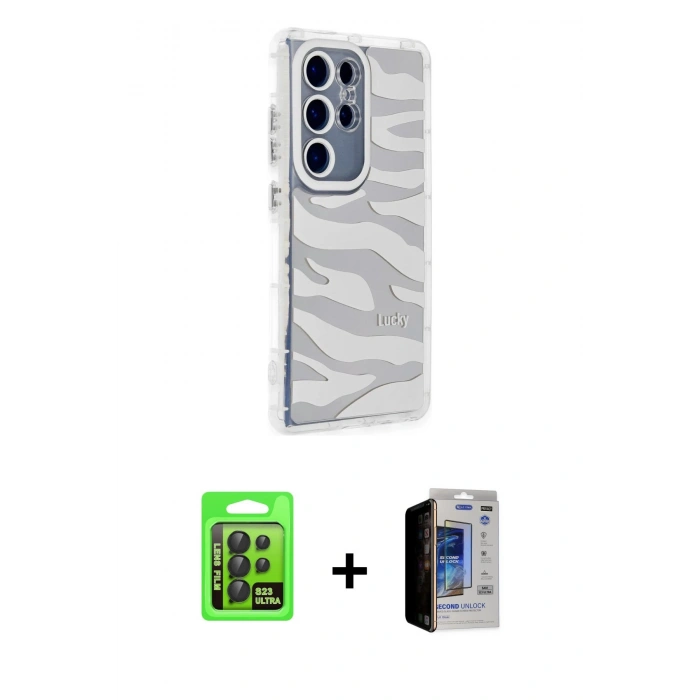 MARSİLYAN™- Galaxy S23 Ultra Kılıf Ahenk Modern Serisi - Siyah Durable Full Glue Curved Hayalet Cam + Raze Metal Kamera Lens - SH