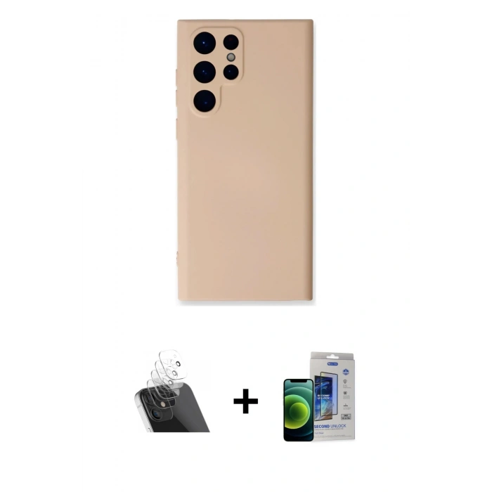 MARSİLYAN™- Galaxy S23 Ultra Kılıf Ahenk Serisi - Siyah Durable Full Glue Curved Cam + Kamera Lens Koruma Cam - SF