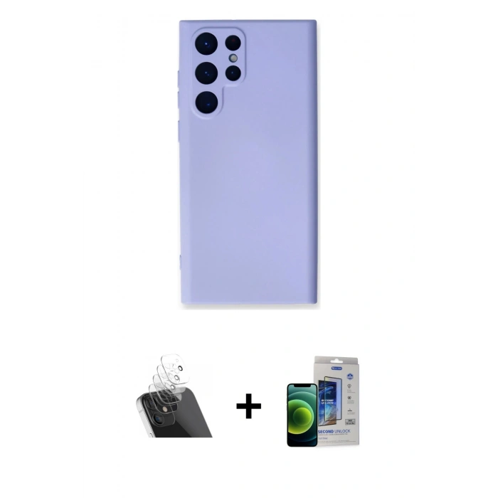 MARSİLYAN™- Galaxy S23 Ultra Kılıf Ahenk Serisi - Siyah Durable Full Glue Curved Cam + Kamera Lens Koruma Cam - SF