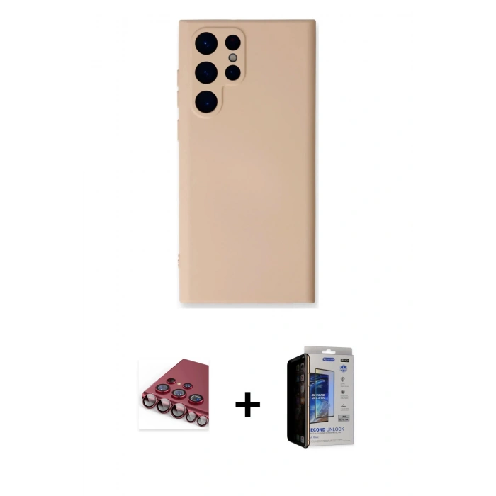 MARSİLYAN™- Galaxy S23 Ultra Kılıf Ahenk Serisi - Siyah Durable Full Glue Curved Hayalet Cam + Kırmızı Valdez Metal Kamera Lens