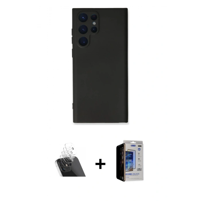 MARSİLYAN™- Galaxy S23 Ultra Kılıf Ahenk Serisi - Siyah Durable Full Glue Curved Hayalet Cam + Şeffaf Kamera Lens Koruma Cam
