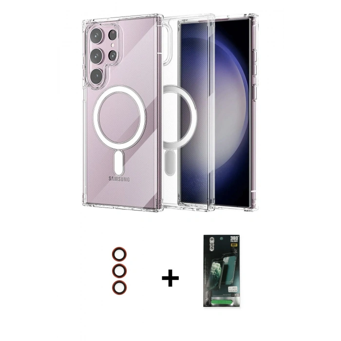 MARSİLYAN™- Galaxy S23 Ultra Kılıf Ahenk Yansıma Prime - Şeffaf 360 Full Body Arka Koruyucu + Metal Kamera Lens - KI