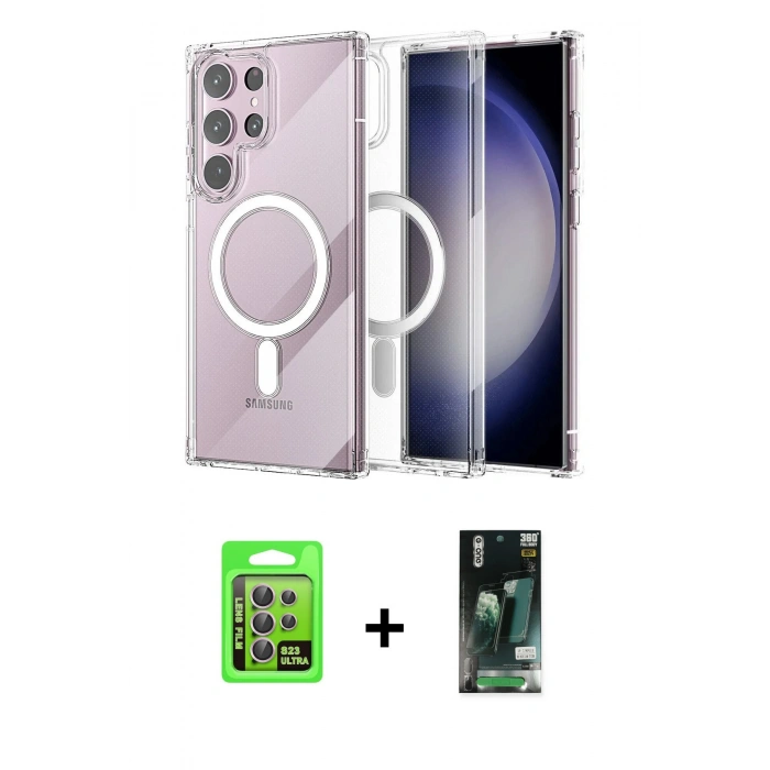MARSİLYAN™- Galaxy S23 Ultra Kılıf Ahenk Yansıma Prime - Siyah 360 Mat Full Body Arka Koruyucu + Raze Metal Kamera Lens - LA