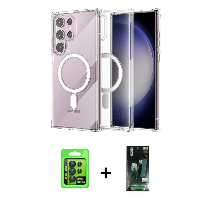 MARSİLYAN™- Galaxy S23 Ultra Kılıf Ahenk Yansıma Prime - Siyah 360 Mat Full Body Arka Koruyucu + Raze Metal Kamera Lens - SH