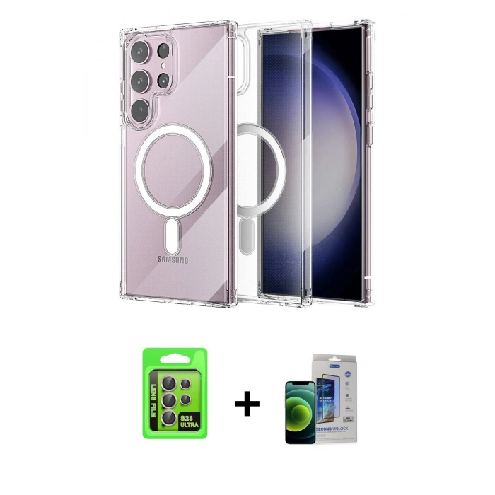 MARSİLYAN™- Galaxy S23 Ultra Kılıf Ahenk Yansıma Prime - Siyah Durable Full Glue Curved Cam + Raze Metal Kamera Lens - LA